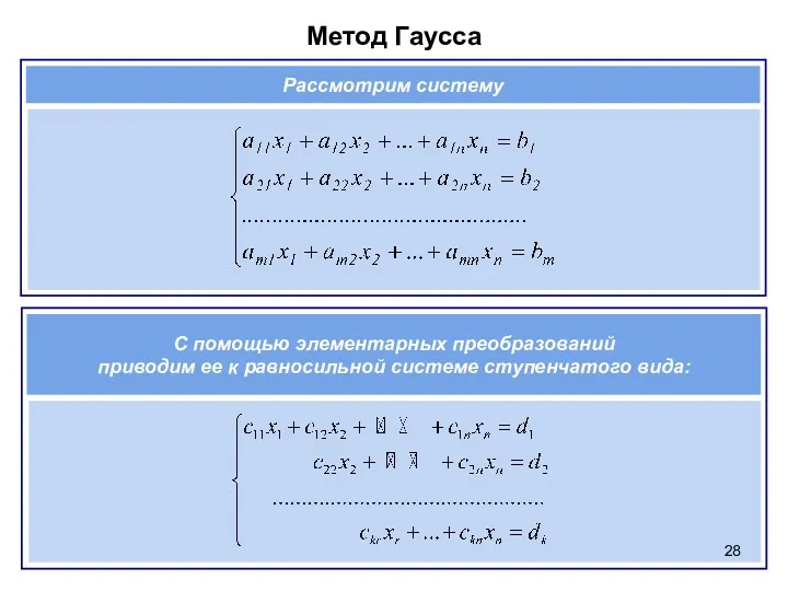 Метод Гаусса Рассмотрим систему С помощью элементарных преобразований приводим ее к равносильной системе ступенчатого вида: