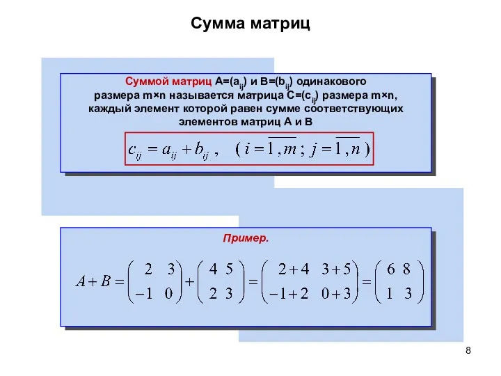 Сумма матриц Пример. Суммой матриц A=(aij) и B=(bij) одинакового размера