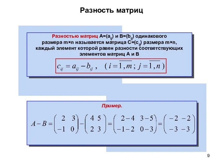 Разность матриц Пример. Разностью матриц A=(aij) и B=(bij) одинакового размера