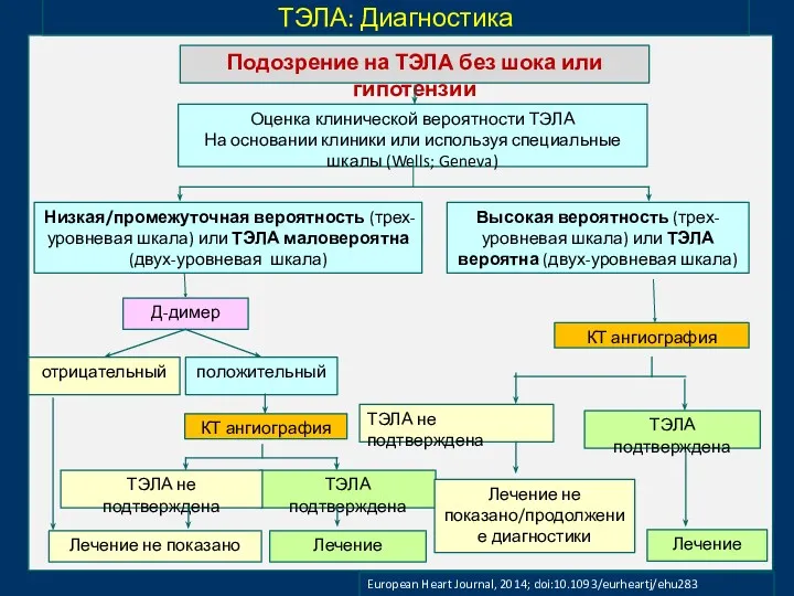 ТЭЛА: Диагностика Подозрение на ТЭЛА без шока или гипотензии Оценка