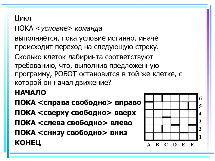 Цикл ПОКА команда выполняется, пока условие истинно, иначе происходит переход