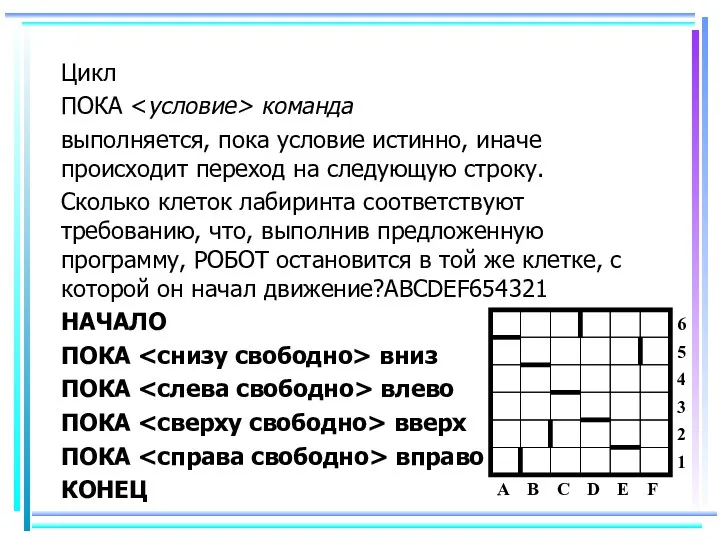 Цикл ПОКА команда выполняется, пока условие истинно, иначе происходит переход