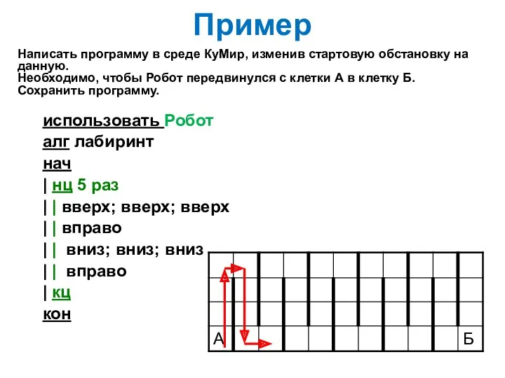 Пример использовать Робот алг лабиринт нач | нц 5 раз