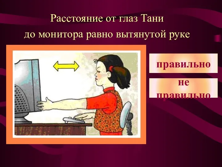 Расстояние от глаз Тани до монитора равно вытянутой руке правильно не правильно