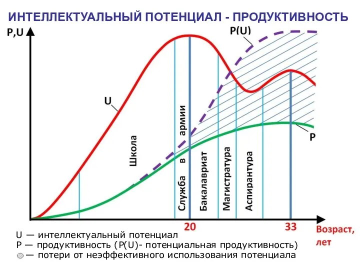 U — интеллектуальный потенциал P — продуктивность (P(U)- потенциальная продуктивность) — потери от