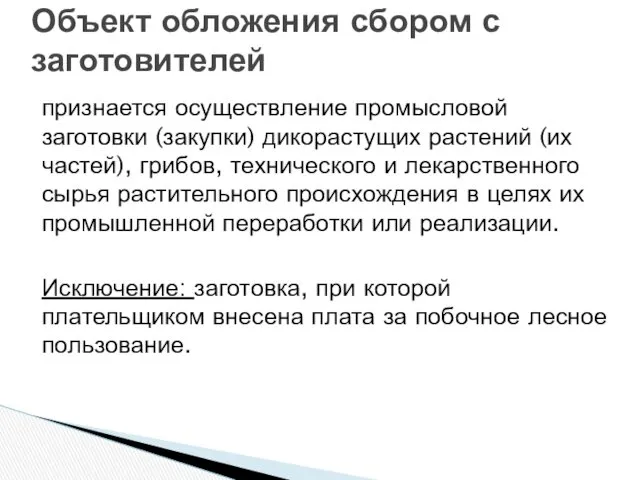 Объект обложения сбором с заготовителей признается осуществление промысловой заготовки (закупки)