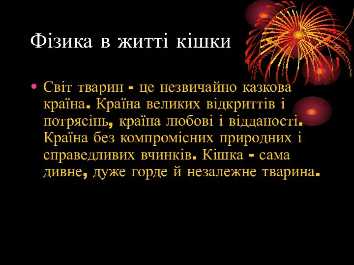 Фізика в житті кішки Світ тварин - це незвичайно казкова країна. Країна великих