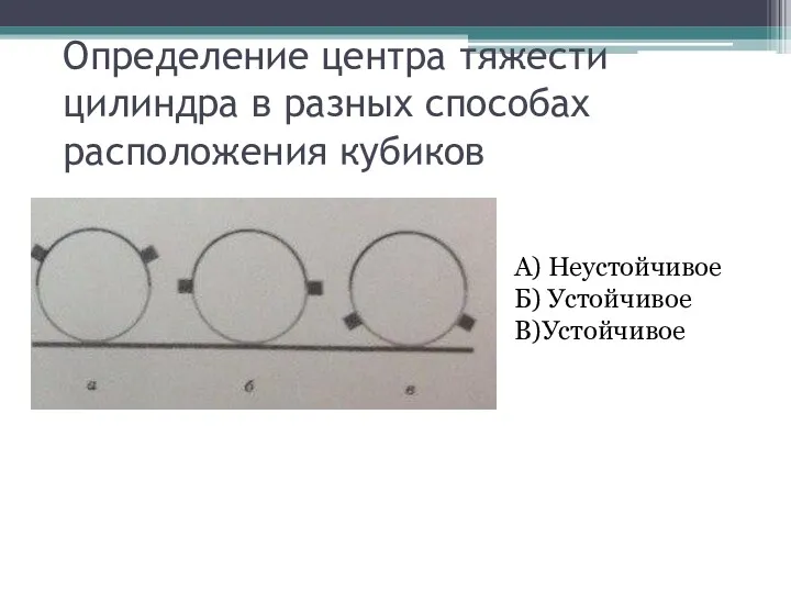 Определение центра тяжести цилиндра в разных способах расположения кубиков А) Неустойчивое Б) Устойчивое В)Устойчивое