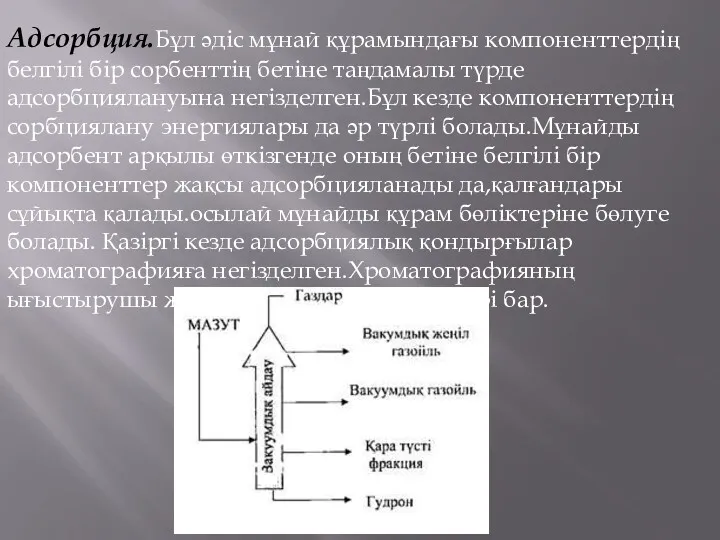 Адсорбция.Бұл әдіс мұнай құрамындағы компоненттердің белгілі бір сорбенттің бетіне таңдамалы