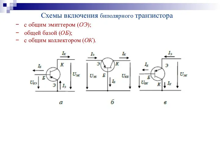 Схемы включения биполярного транзистора с общим эмиттером (ОЭ); общей базой (ОБ); с общим коллектором (ОК).