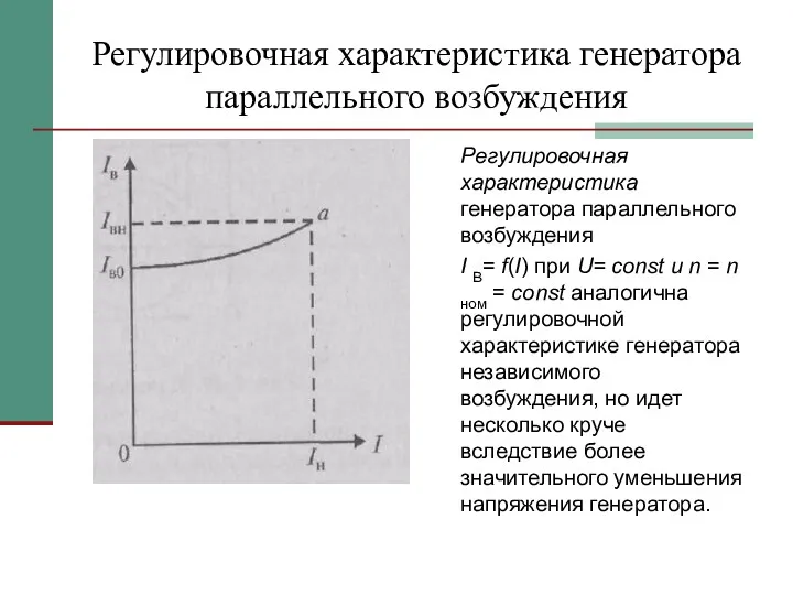 Регулировочная характеристика генератора параллельного возбуждения Регулировочная характеристика генератора параллельного возбуждения