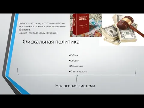 Фискальная политика Субъект Объект Источники Ставка налога Налоговая система Налоги