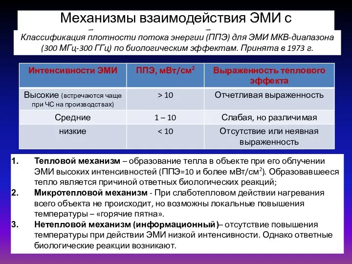 Механизмы взаимодействия ЭМИ с биологическими объектами Тепловой механизм – образование