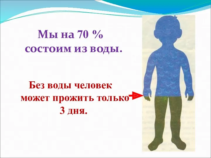 Мы на 70 % состоим из воды. Без воды человек может прожить только 3 дня.