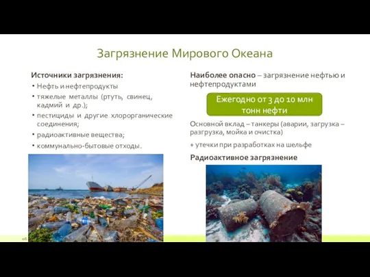Загрязнение Мирового Океана Источники загрязнения: Нефть и нефтепродукты тяжелые металлы
