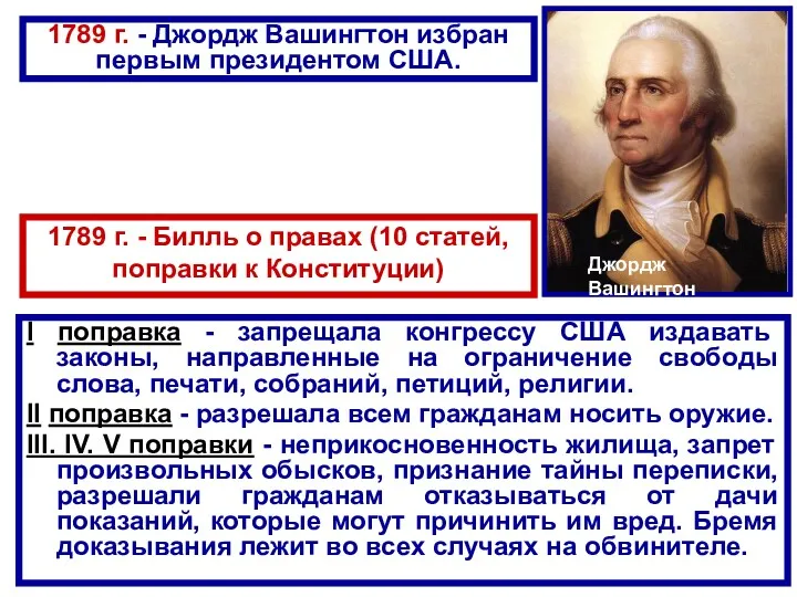 Джордж Вашингтон 1789 г. - Билль о правах (10 статей,