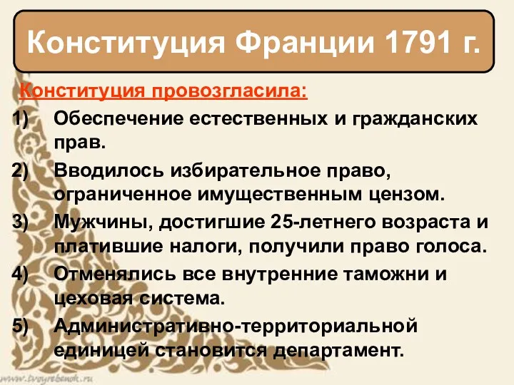 Конституция провозгласила: Обеспечение естественных и гражданских прав. Вводилось избирательное право,