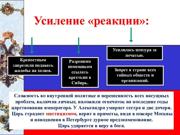 Усиление «реакции»: Разрешено помещикам ссылать крестьян в Сибирь. Крепостным запретили