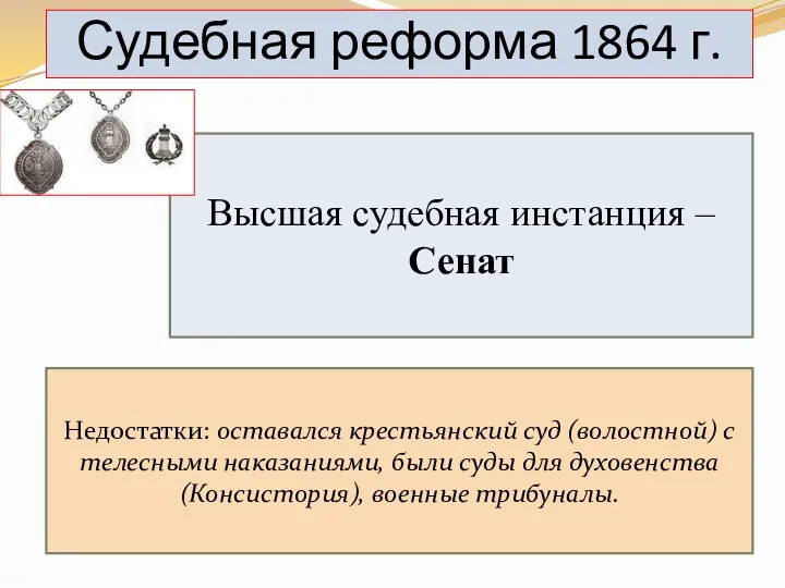 Судебная реформа 1864 г. Высшая судебная инстанция – Сенат Недостатки: