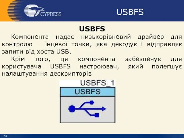 USBFS USBFS Компонента надає низькорівневий драйвер для контролю інцевої точки,