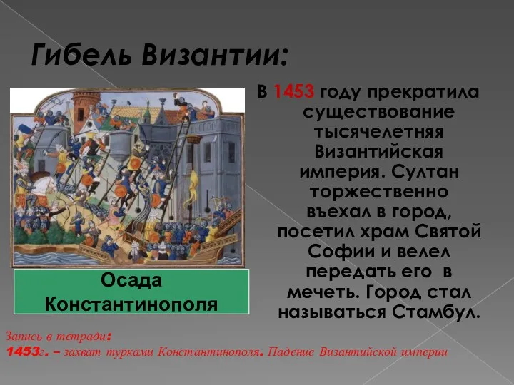 Гибель Византии: В 1453 году прекратила существование тысячелетняя Византийская империя.