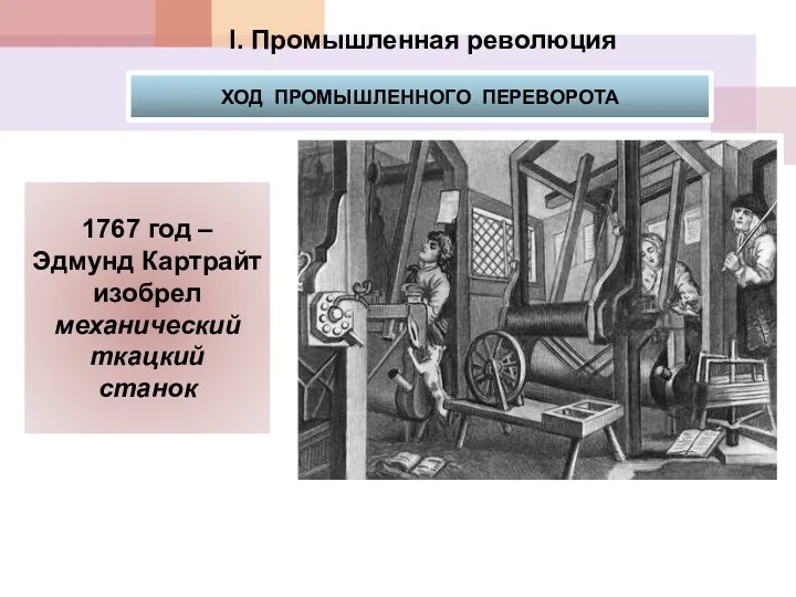 1767 год – Эдмунд Картрайт изобрел механический ткацкий станок I. Промышленная революция ХОД ПРОМЫШЛЕННОГО ПЕРЕВОРОТА