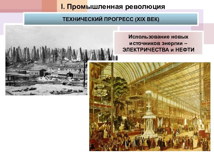 I. Промышленная революция ТЕХНИЧЕСКИЙ ПРОГРЕСС (XIX ВЕК) Использование новых источников энергии – ЭЛЕКТРИЧЕСТВА и НЕФТИ