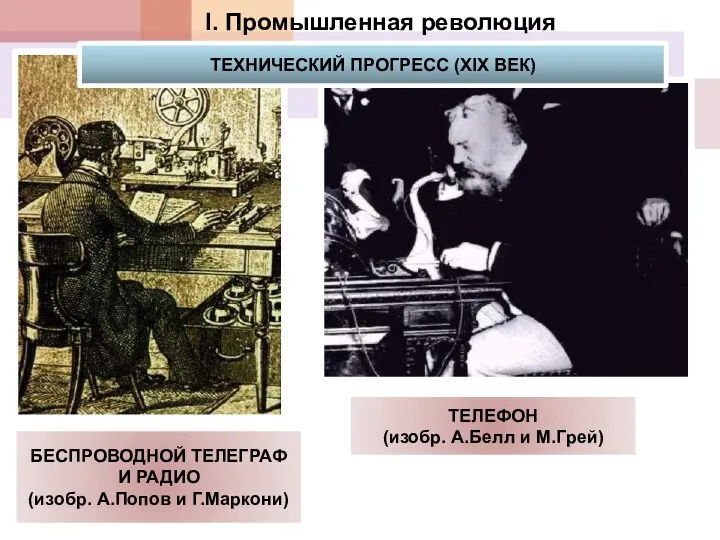 I. Промышленная революция ТЕХНИЧЕСКИЙ ПРОГРЕСС (XIX ВЕК) БЕСПРОВОДНОЙ ТЕЛЕГРАФ И