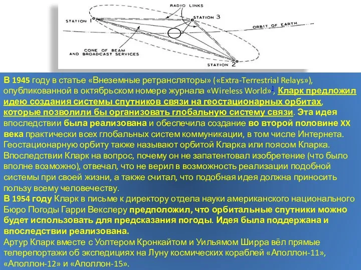 В 1945 году в статье «Внеземные ретрансляторы» («Extra-Terrestrial Relays»), опубликованной