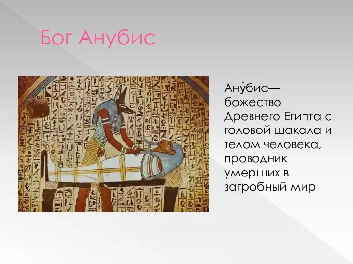 Бог Анубис Ану́бис— божество Древнего Египта с головой шакала и телом человека, проводник