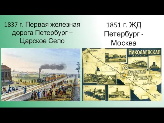 1851 г. ЖД Петербург - Москва 1837 г. Первая железная дорога Петербург – Царское Село