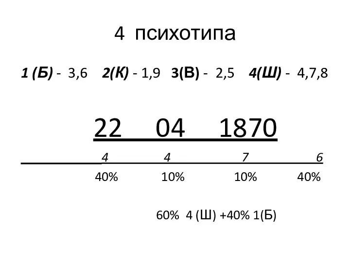 4 психотипа 1 (Б) - 3,6 2(К) - 1,9 3(В)