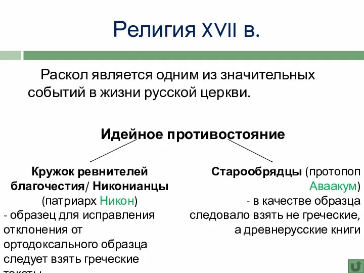 Религия XVII в. Раскол является одним из значительных событий в