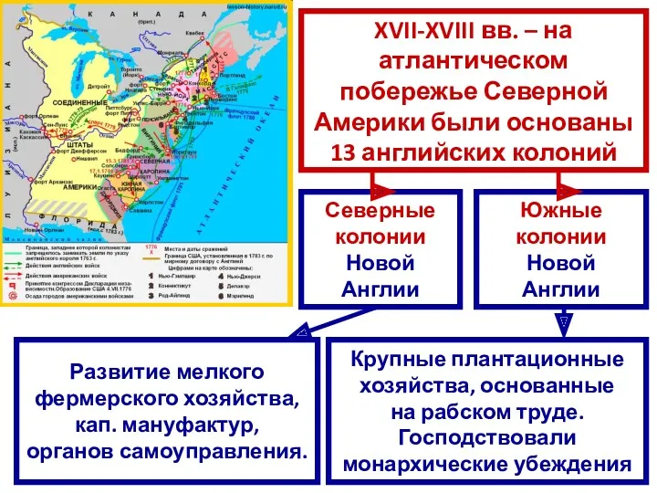 XVII-XVIII вв. – на атлантическом побережье Северной Америки были основаны