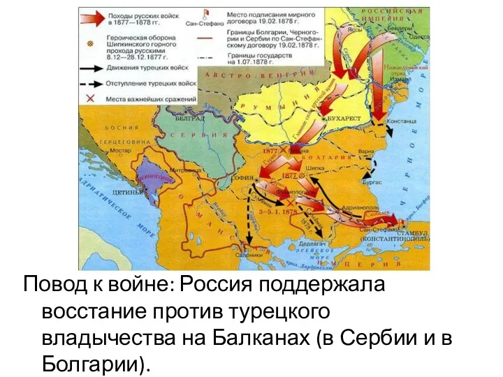 Повод к войне: Россия поддержала восстание против турецкого владычества на Балканах (в Сербии и в Болгарии).