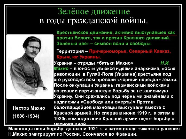 Зелёное движение в годы гражданской войны. Нестор Махно (1888 -1934)