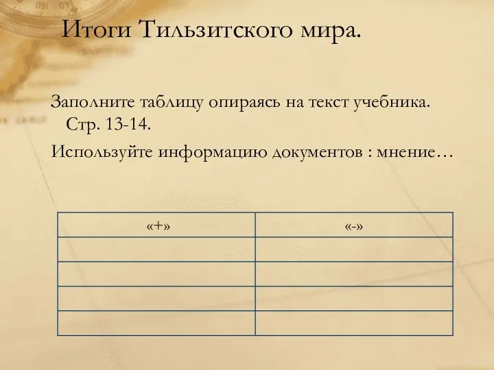 Итоги Тильзитского мира. Заполните таблицу опираясь на текст учебника. Стр. 13-14. Используйте информацию документов : мнение…