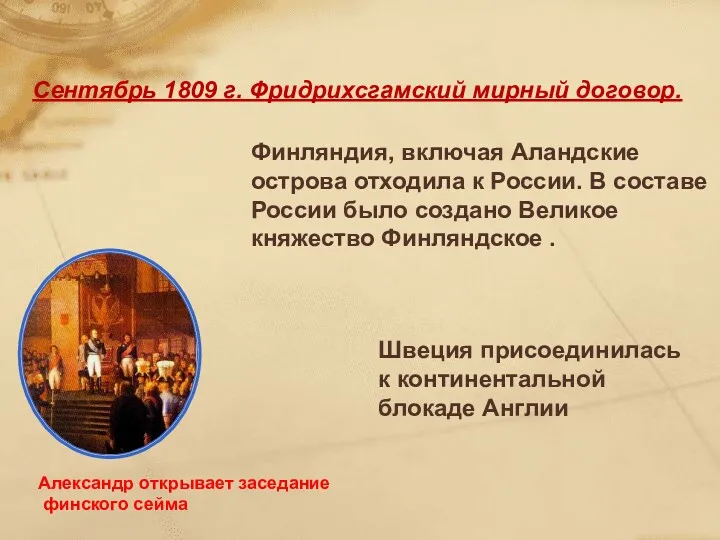 Сентябрь 1809 г. Фридрихсгамский мирный договор. Финляндия, включая Аландские острова