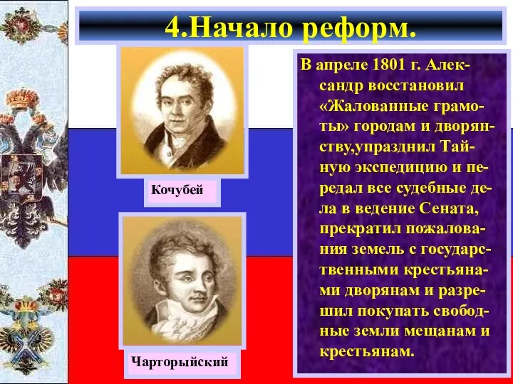 В апреле 1801 г. Алек-сандр восстановил «Жалованные грамо-ты» городам и дворян-ству,упразднил Тай-ную экспедицию