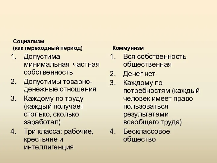 Социализм (как переходный период) Допустима минимальная частная собственность Допустимы товарно-денежные