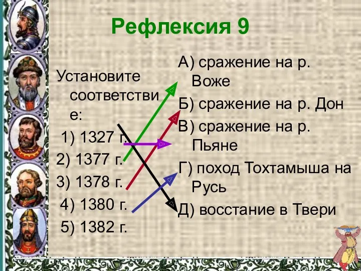 Рефлексия 9 Установите соответствие: 1) 1327 г. 2) 1377 г.