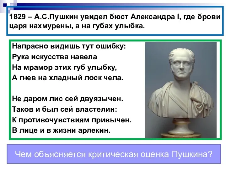 1829 – А.С.Пушкин увидел бюст Александра l, где брови царя