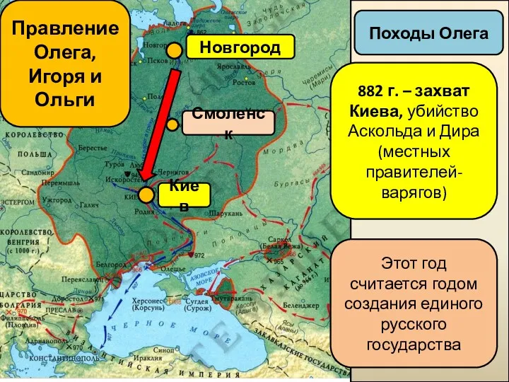 Киев Новгород Походы Олега 882 г. – захват Киева, убийство