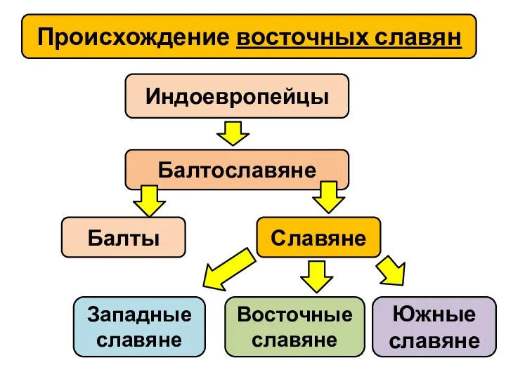 Происхождение восточных славян Индоевропейцы Балтославяне Балты Славяне Западные славяне Восточные славяне Южные славяне