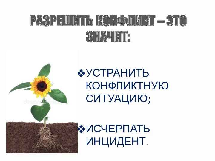 УСТРАНИТЬ КОНФЛИКТНУЮ СИТУАЦИЮ; ИСЧЕРПАТЬ ИНЦИДЕНТ. РАЗРЕШИТЬ КОНФЛИКТ – ЭТО ЗНАЧИТ: