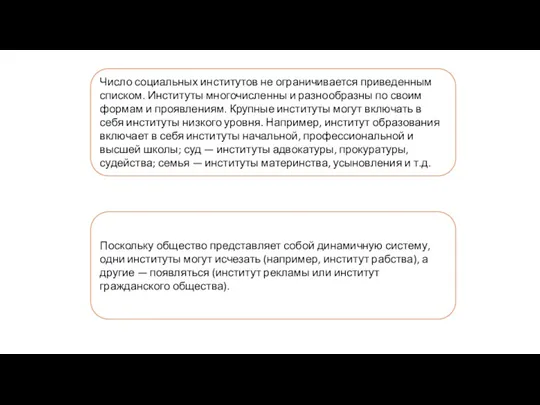 Число социальных институтов не ограничивается приведенным списком. Институты многочисленны и