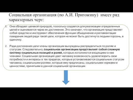 Социальная организация (по А.И. Пригожину) имеет ряд характерных черт: Она