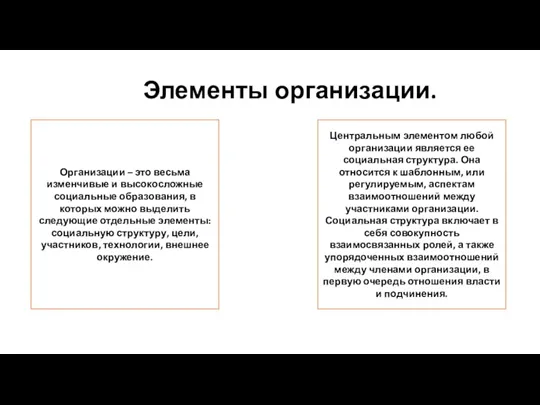 Элементы организации. Организации – это весьма изменчивые и высокосложные социальные