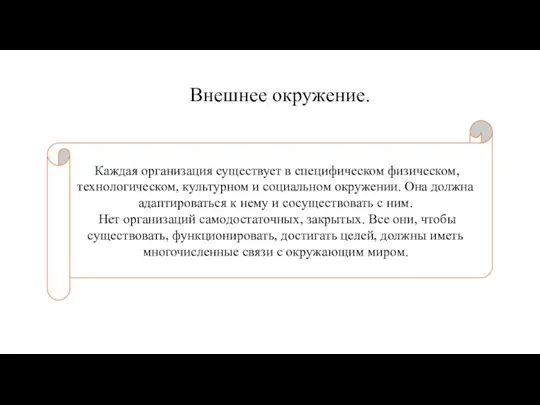 Внешнее окружение. Каждая организация существует в специфическом физическом, технологическом, культурном