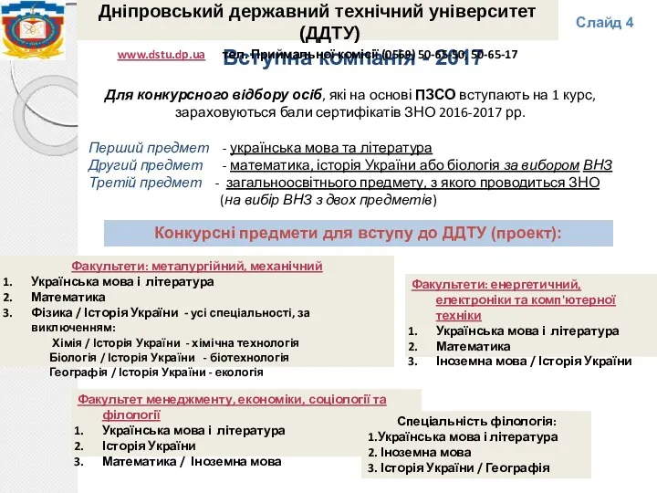 Вступна компанія - 2017 Дніпровський державний технічний університет (ДДТУ) www.dstu.dp.ua